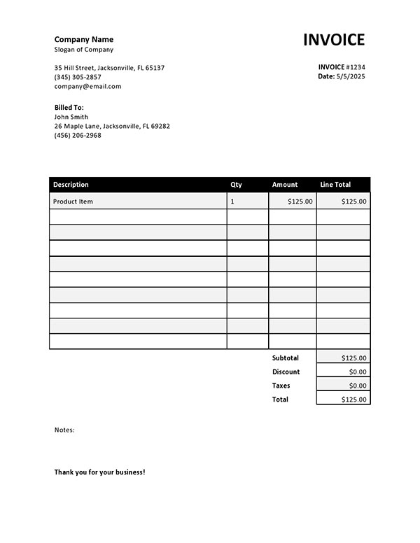 Excel photography invoice template