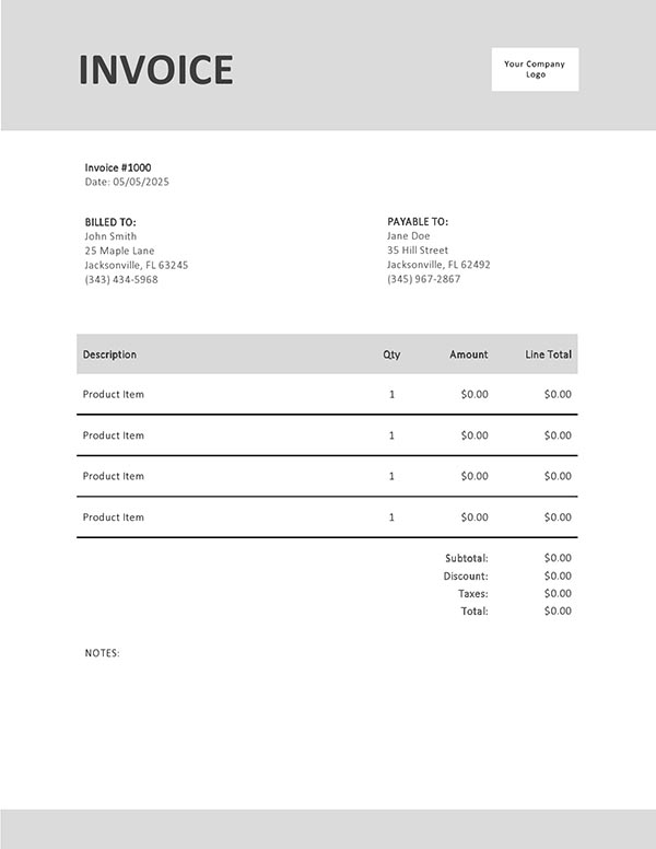 Word photography invoice template